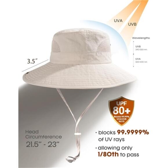Womens Sun Hat UPF 80 Wide Brim Beach Hiking Outdoor Foldable Ponytail Hole Hat - Picture 3 of 8